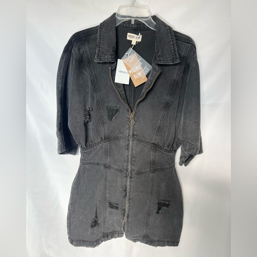 Forever 21 Malibu Bum Black Wash Denim Distressed Zip Mini Dress NWT Size L